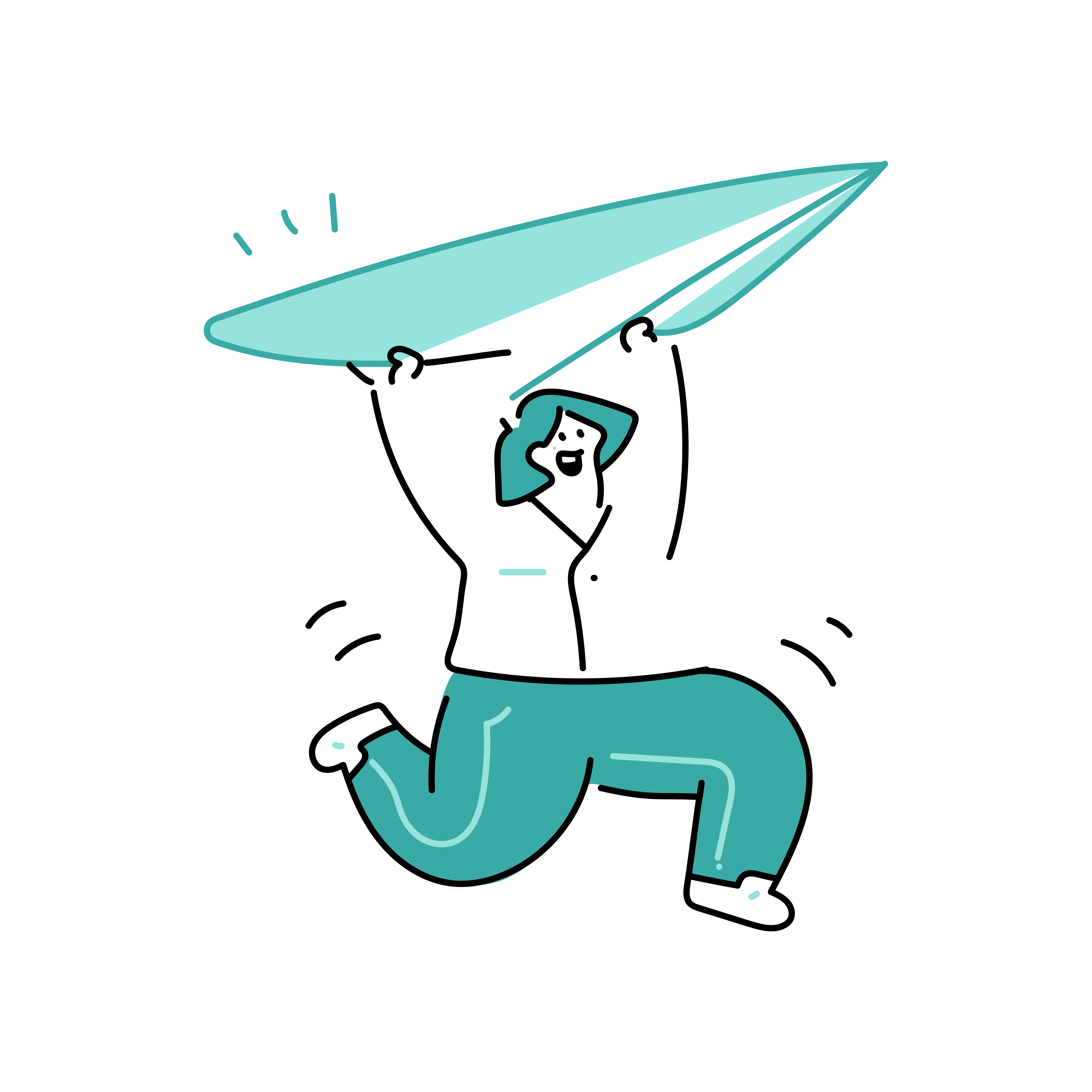 Illustration of a woman joyfully running while holding a giant paper airplane overhead.