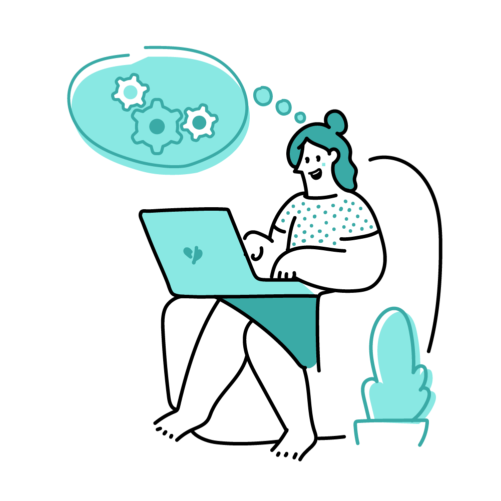 Illustration of a woman joyfully thinking and working on her computer.