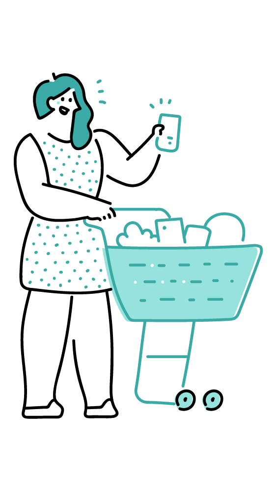 Illustration of a woman pushing a shopping cart while looking at her phone.