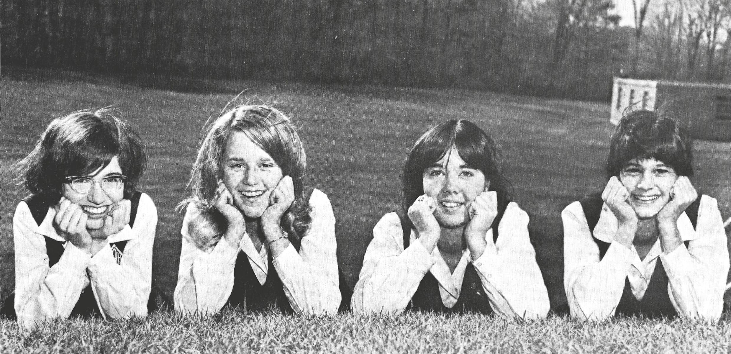 Black-and-white photo of Katie with her fellow class officers in high school.