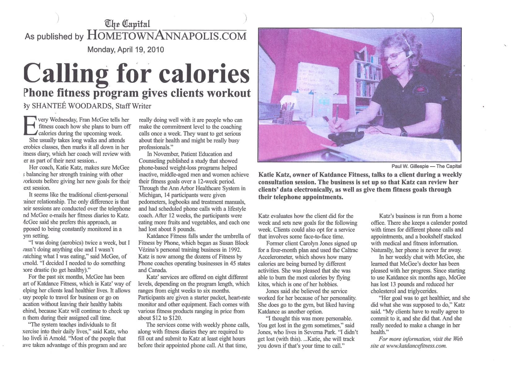 Newspaper clipping titled 'Calling for calories' featuring Katie's remote coaching business.