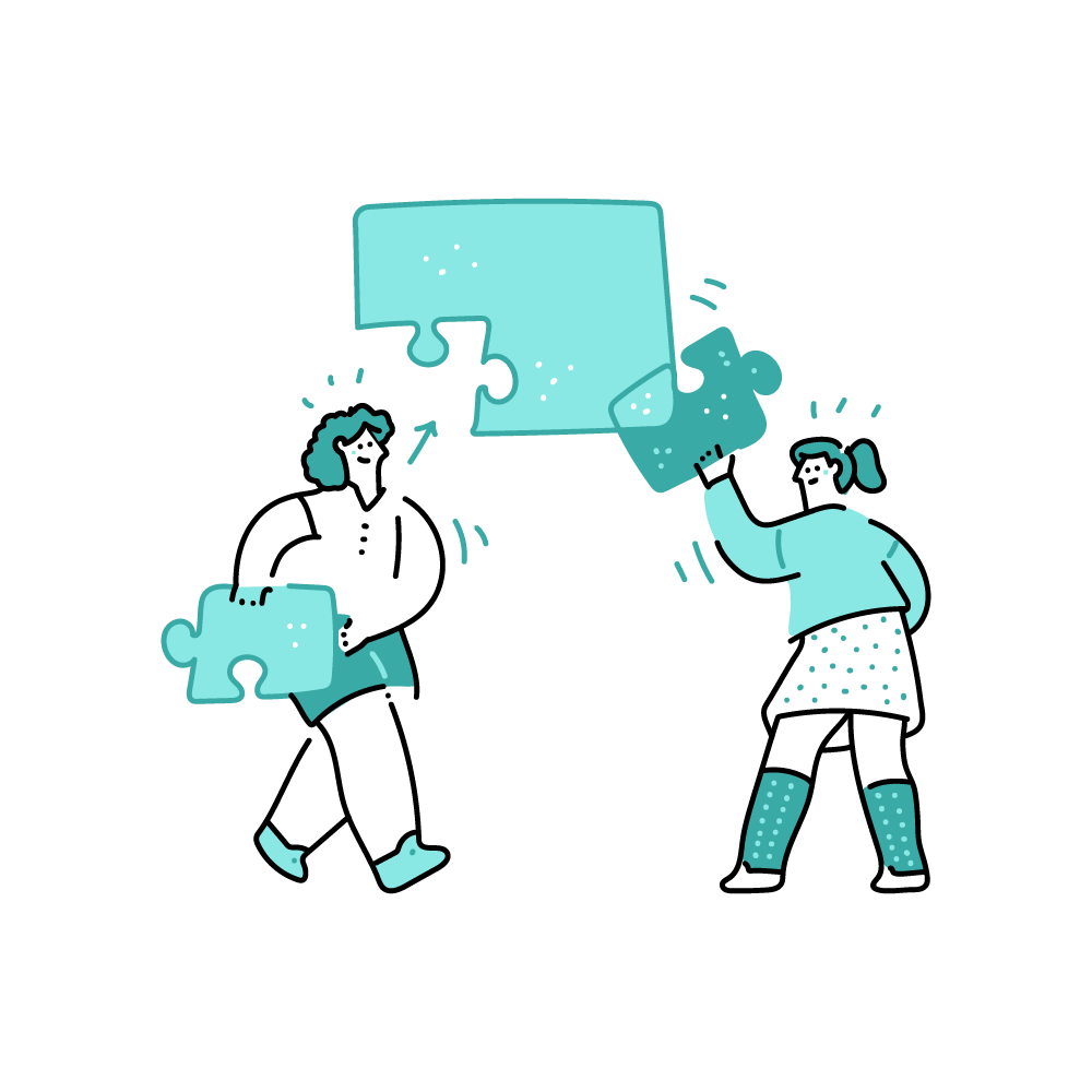 Illustration of two people fitting puzzle pieces together.